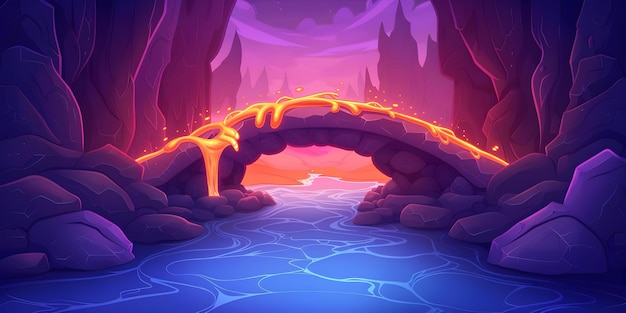 Cartoon Adventure Unstable Lava Bridge Over Magma River With Rocky Walls Concept Cartoon Adventure Unstable Lava Bridge Magma River Rocky Walls