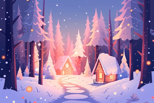 Cartoon aesthetic winter snow scene Xiaohan and Dahan winter illustrations forest houses on snowy