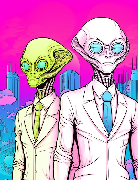 cartoon alien couple in a city with a pink sky background generative ai