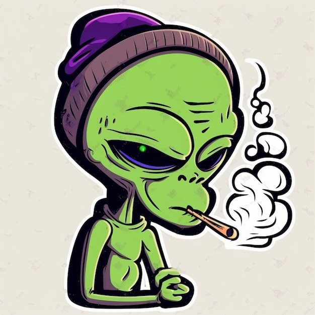 Photo cartoon alien smoking a cigarette with a beanie on generative ai