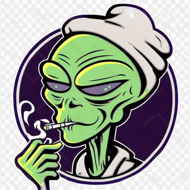 Photo cartoon alien smoking a cigarette with a hat on generative ai