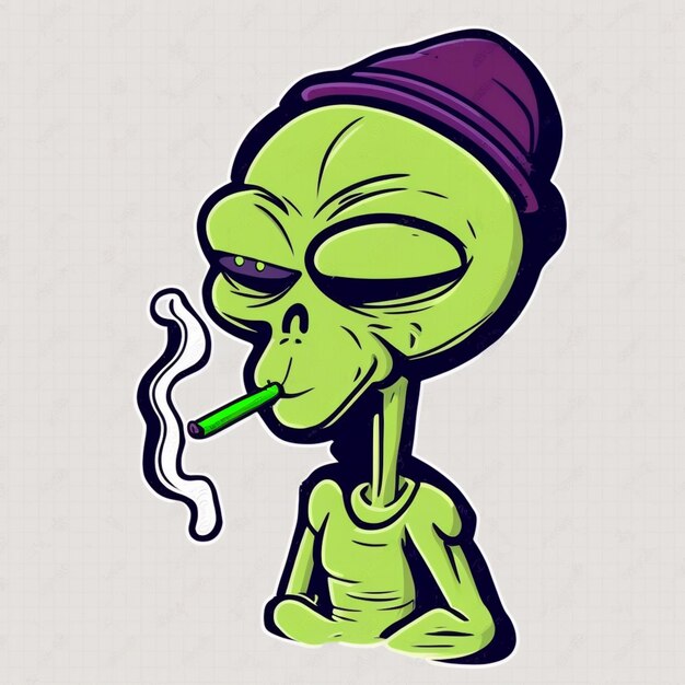 Photo cartoon alien smoking a cigarette with a purple hat on generative ai