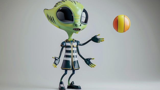 A cartoon alien in a striped shirt catches a ball