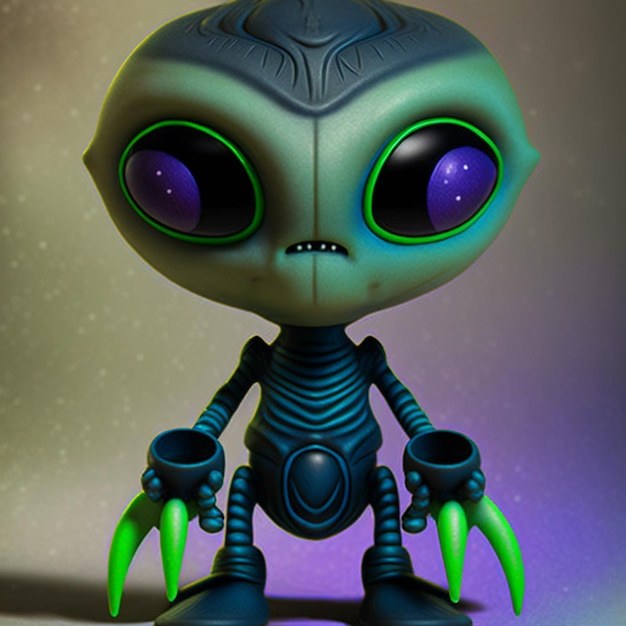 Photo a cartoon alien with purple eyes and a green and black body.