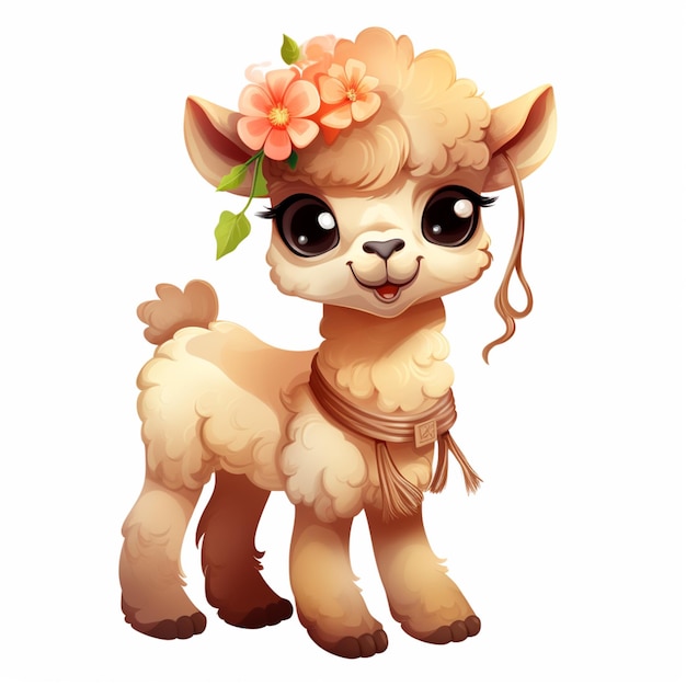 cartoon alpaca with flower in its hair standing on a white surface generative ai