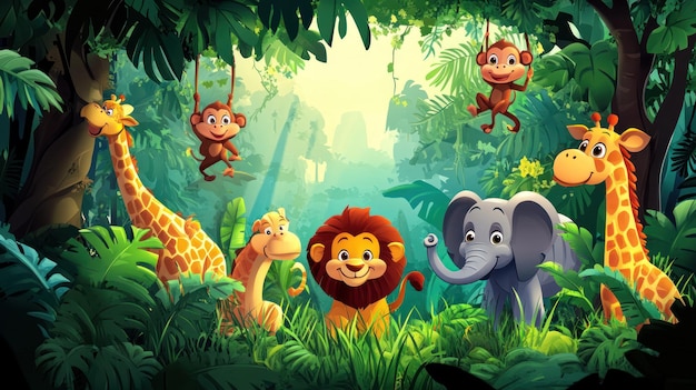 Cartoon Animals in a Lush Green Jungle Setting