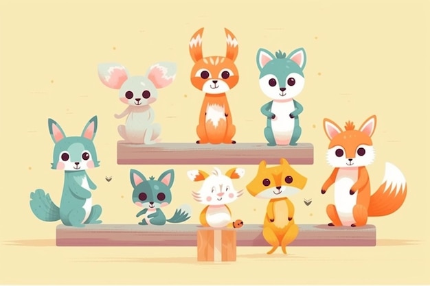 A cartoon of animals on a shelf