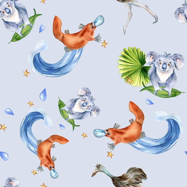 Cartoon animals watercolor seamless pattern isolated on blue