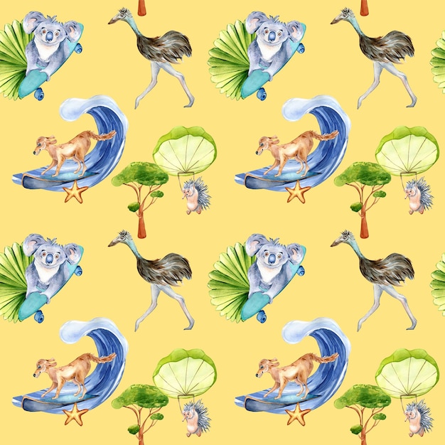 Cartoon animals watercolor seamless pattern isolated on yellow