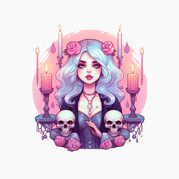 Cartoon animated witch with skulls and crystals