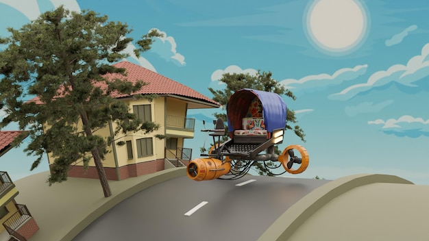 cartoon animation background with sky and transport vehicle