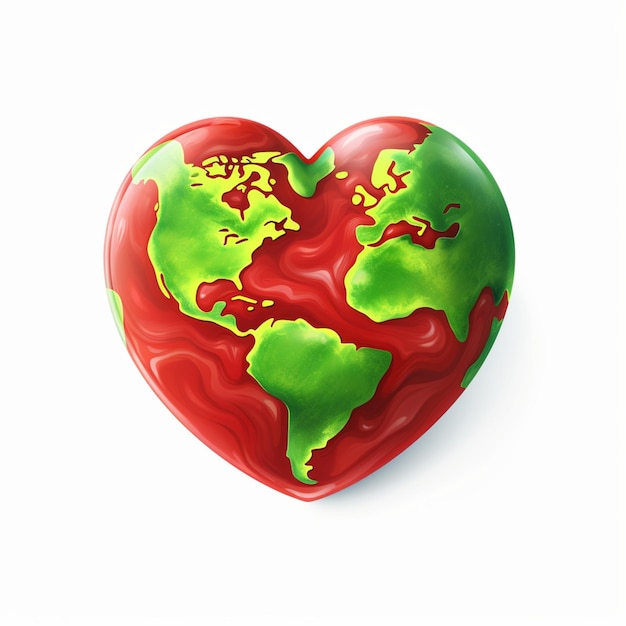 cartoon animation of green earth in the form of red love on a white background