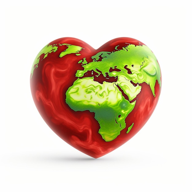 cartoon animation of green earth in the form of red love on a white background