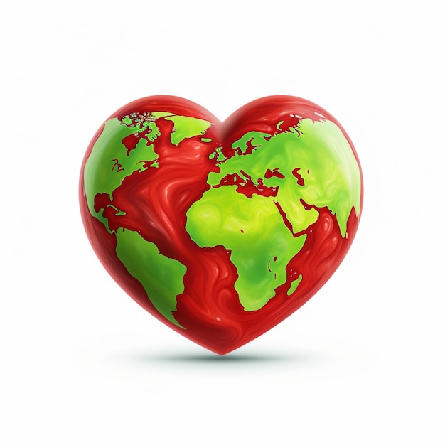 cartoon animation of green earth in the form of red love on a white background