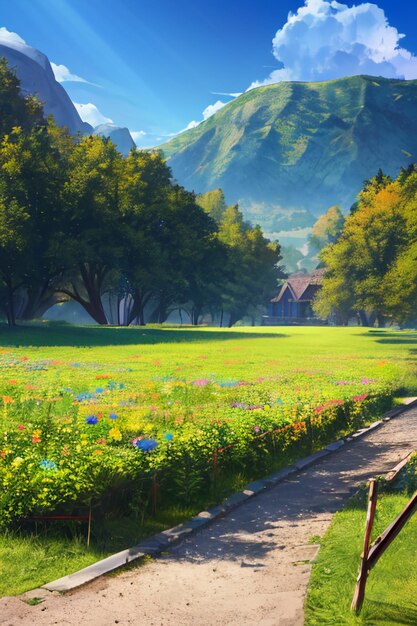 Cartoon anime game scene illustration landscape wallpaper background children cartoon style