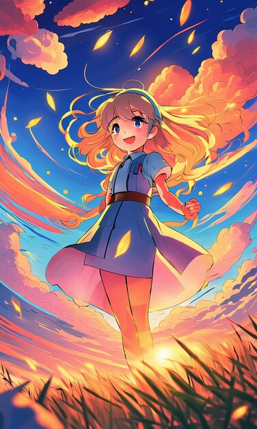 Photo cartoon anime style girl on red colorful clouds background wallpaper hd illustration