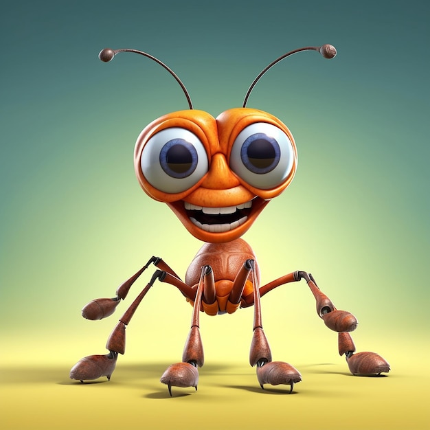 A cartoon ant with big eyes is smiling and has a big smile on its face.