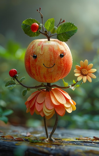 A cartoon apple with a flower on it is smiling