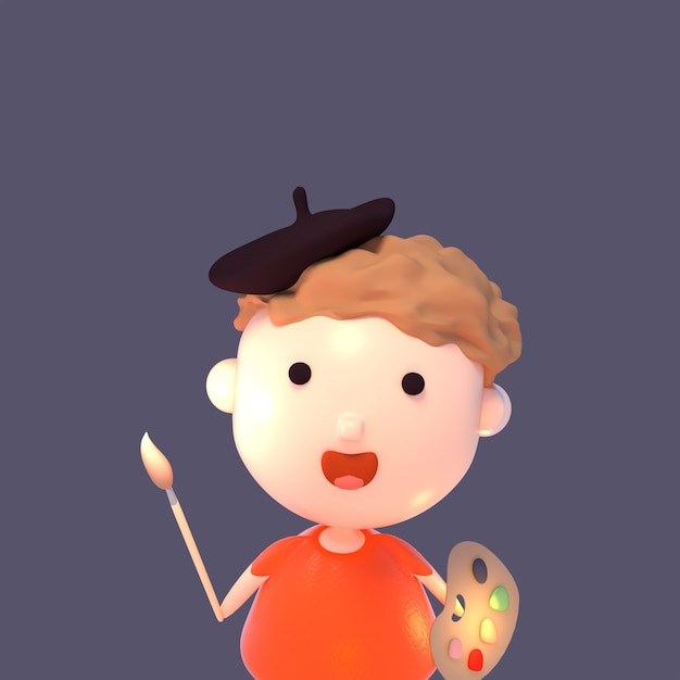 Cartoon artist holding a paintbrush and a color palette 3d rendered picture