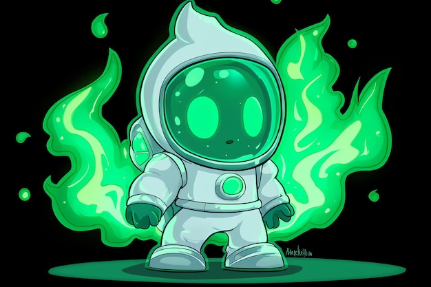 Photo cartoon astronaut with green flames