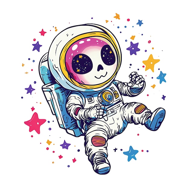 Cartoon Astronaut with Skulllike Face Floating in Space