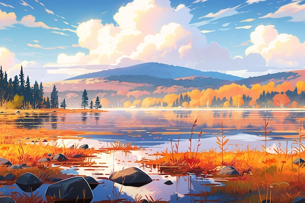 Cartoon autumn frost and solar term Chongyang Festival mountain forest autumn tour illustration