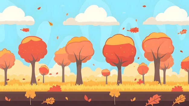 Photo cartoon autumn landscape with colorful trees and falling leaves