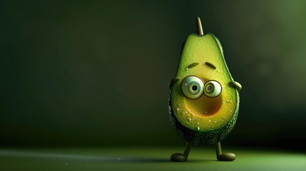 Photo a cartoon avocado with big eyes stands on a green surface