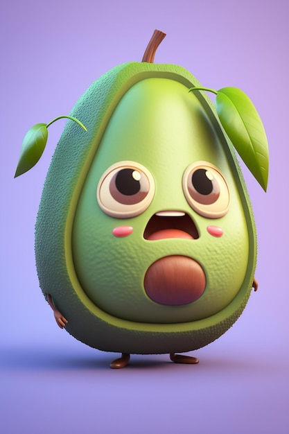 A cartoon avocado with a face and eyes that say avocado