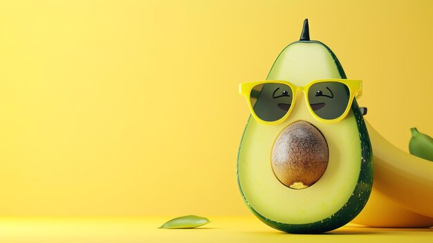 A cartoon avocado with sunglasses smiles on a yellow background