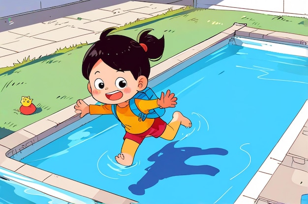 a cartoon of a baby swimming in a pool with a child playing in it