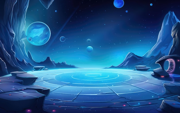 cartoon background backdrop of an alien planet landscape with moons and night sky