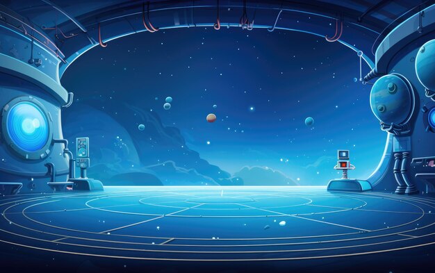 cartoon background backdrop of an alien planet landscape with moons and night sky