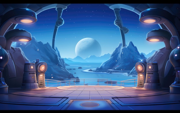 cartoon background backdrop of an alien planet landscape with moons and night sky