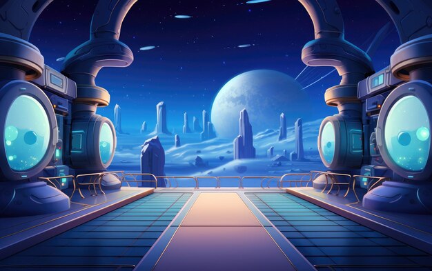 cartoon background backdrop of an alien planet landscape with moons and night sky