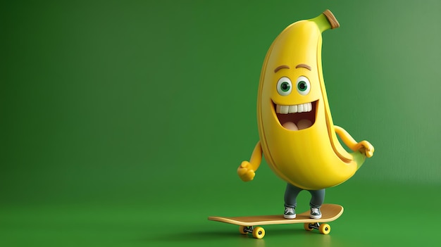 Cartoon banana skateboarding with a big smile