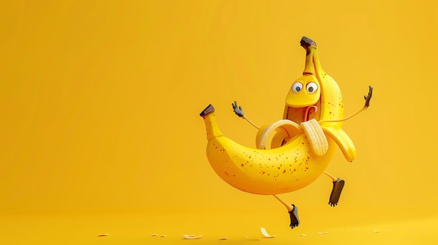 Photo a cartoon banana with big eyes and a silly expression jumps in the air