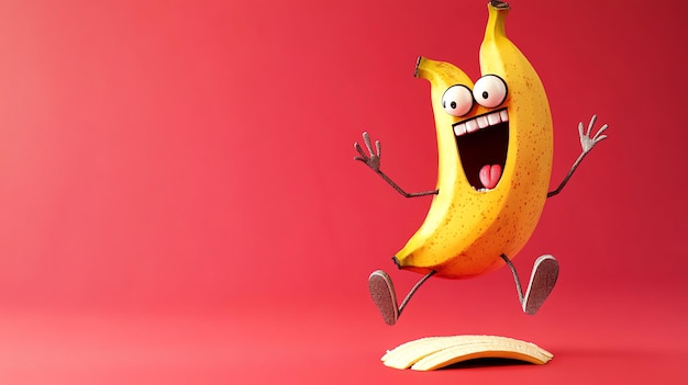 Photo a cartoon banana with a surprised expression jumps over its own peel against a red background