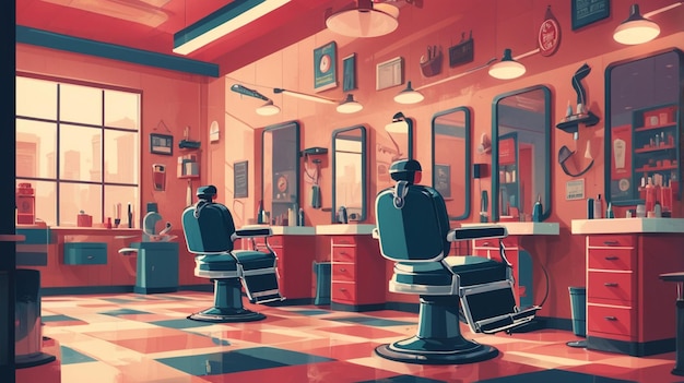 Photo a cartoon of a barber shop with a red wall and a picture of a barber chair