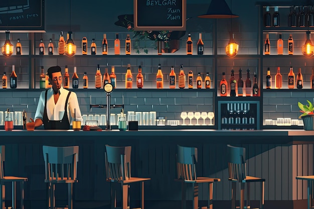 Photo a cartoon bartender serves drinks at an empty bar