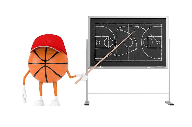 Photo cartoon basketball ball character with pointer nearchalkboard game strategy and tactics scheme