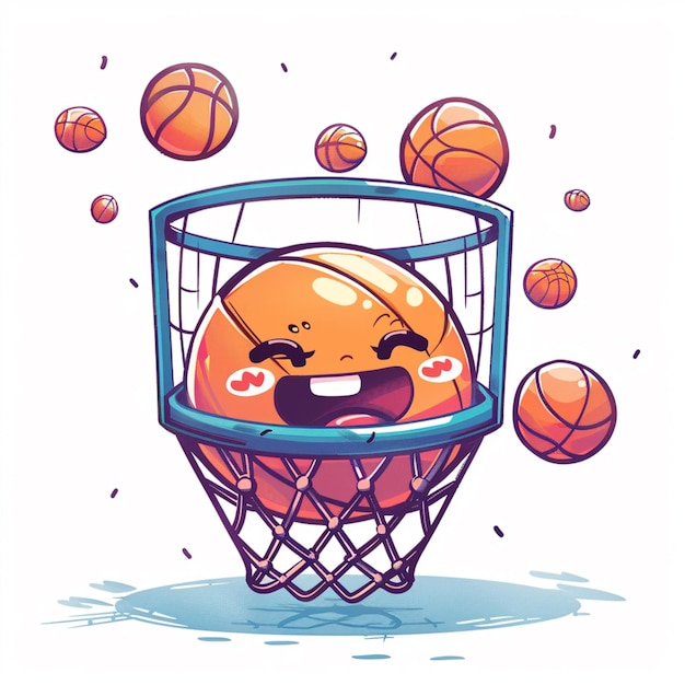 Photo cartoon basketball ball with eyes and mouth in a basket with balls generative ai