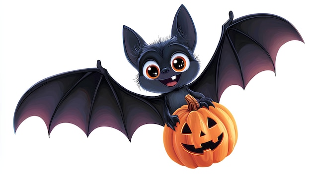 Photo a cartoon bat is flying with a pumpkin in its mouth the bat is smiling and he is happy