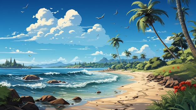 cartoon beach background with some coconut trees