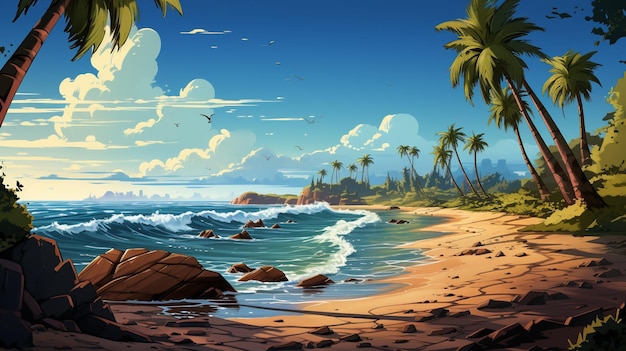 cartoon beach background with some coconut trees