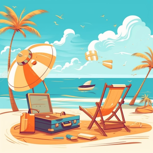 A cartoon of a beach with a chair and a suitcase on it.