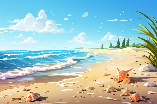 Photo cartoon beach with seashells waves and a bright sky