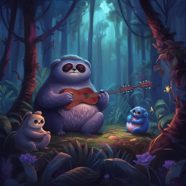 a cartoon bear playing a guitar in the woods with other animals generative ai