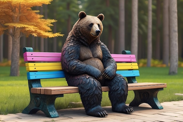 Cartoon bear sitting on a bench with a lot of colored sticks generative ai