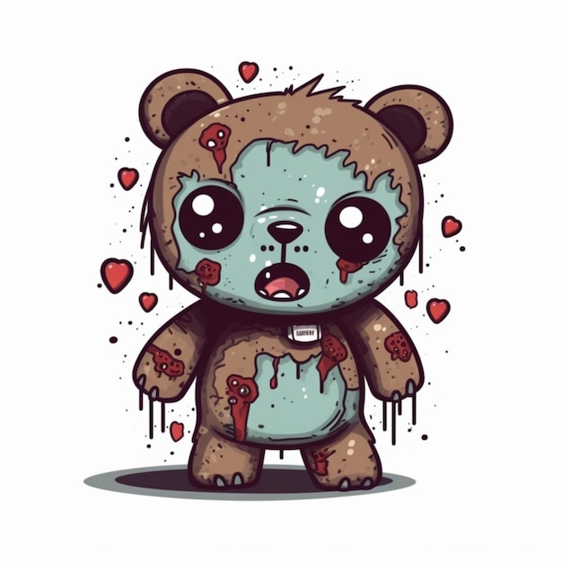 A cartoon bear with a bloody face and a heart on his chest.